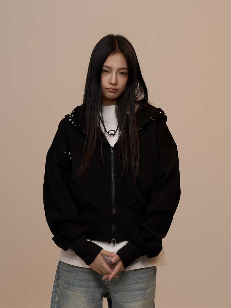 Gray Cardigan Coat Double Zipper Hooded Long Sleeve Top