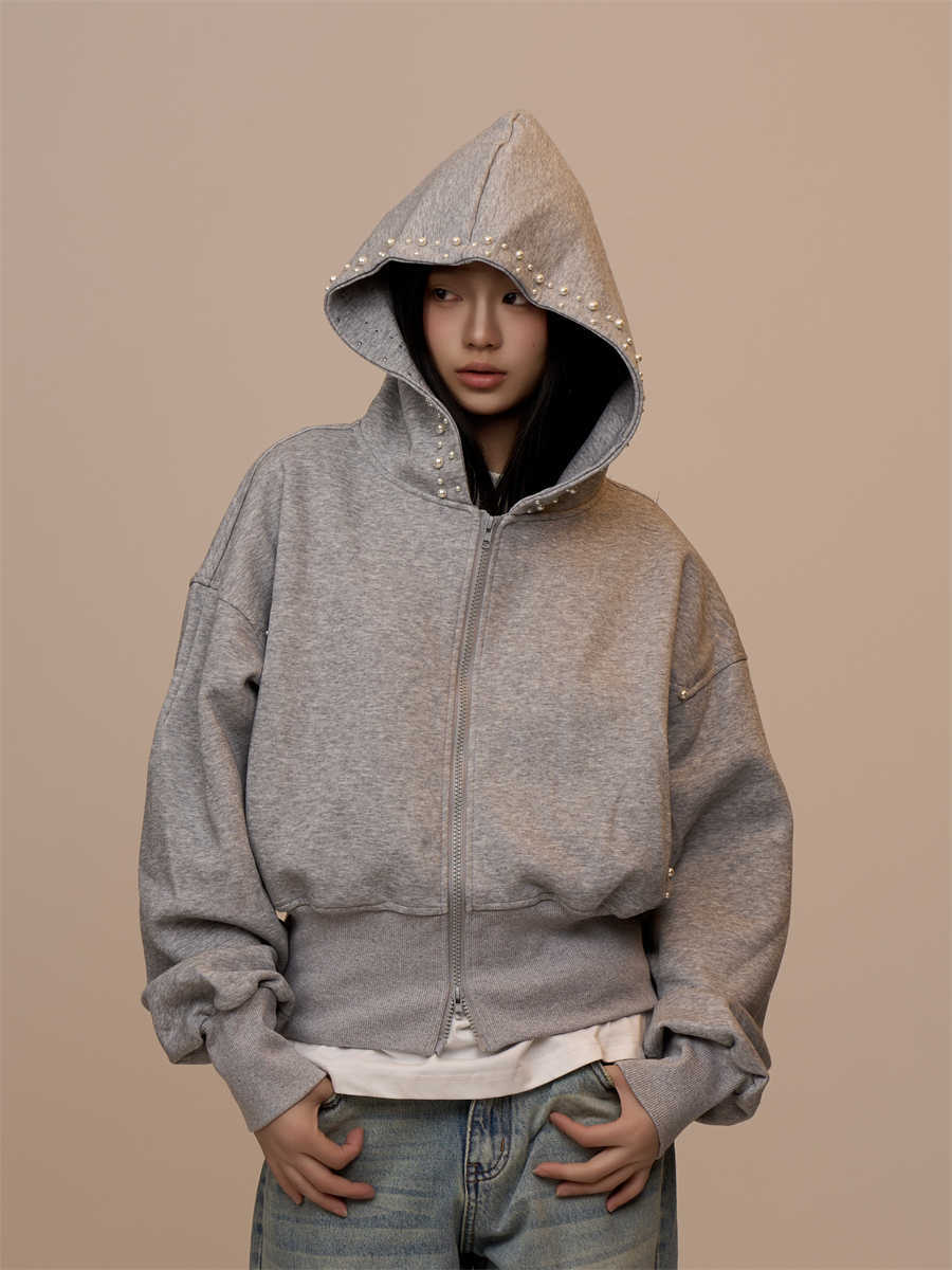 Gray Cardigan Coat Double Zipper Hooded Long Sleeve Top