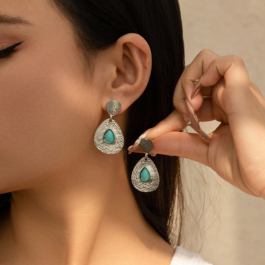 Drop-shaped Micro-inlaid Turquoise Pleated Ear Studs