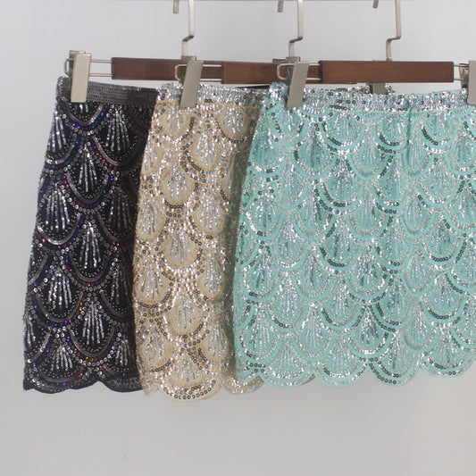 Heavy industry sequin wave edge hip hugging short skirt and half body skirt