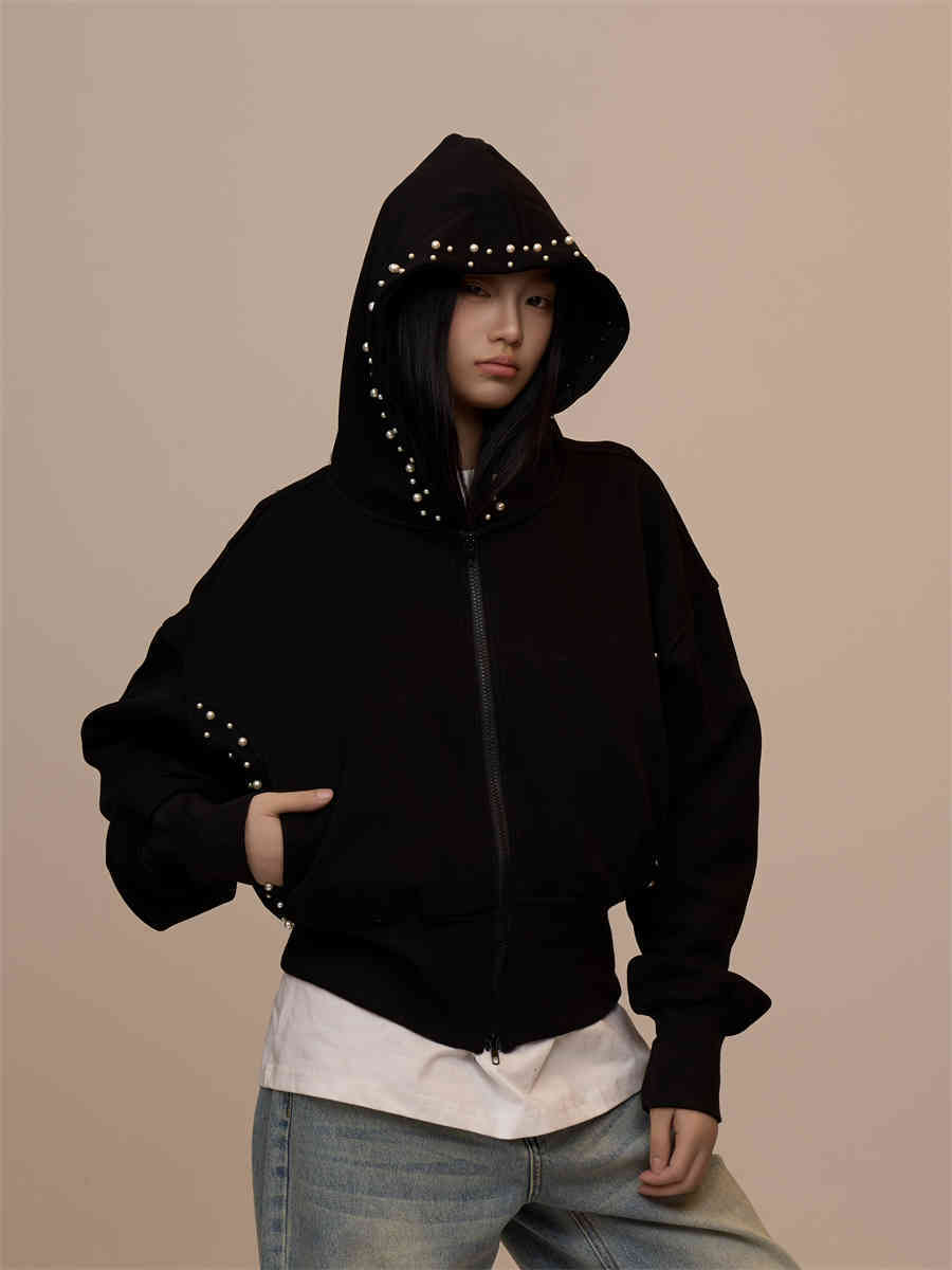 Gray Cardigan Coat Double Zipper Hooded Long Sleeve Top
