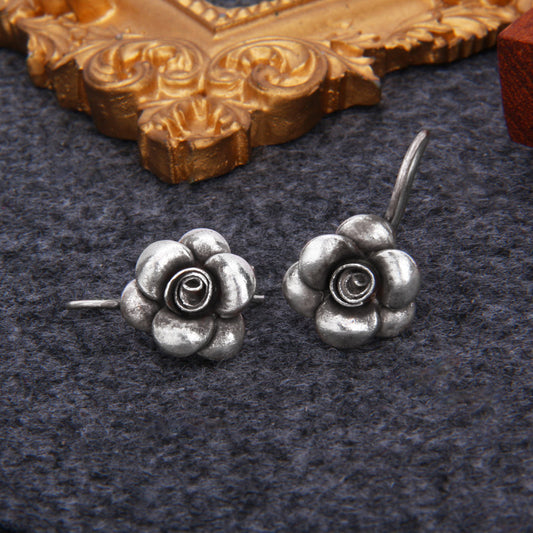 S925 Sterling Silver Vintage Distressed Handmade Silver Vintage Distressed Flower Earrings For Women