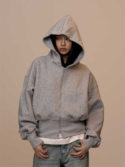 Gray Cardigan Coat Double Zipper Hooded Long Sleeve Top