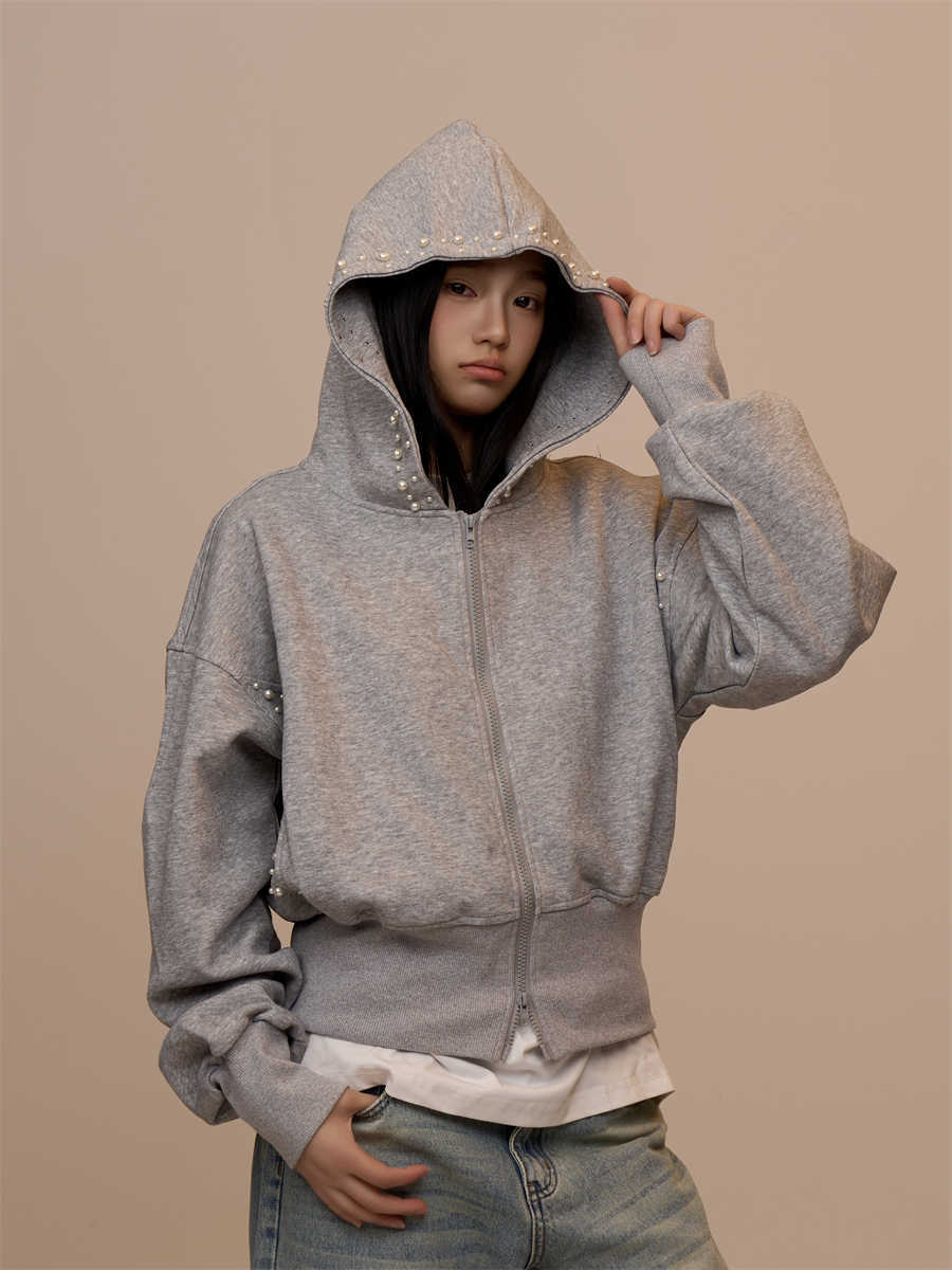 Gray Cardigan Coat Double Zipper Hooded Long Sleeve Top