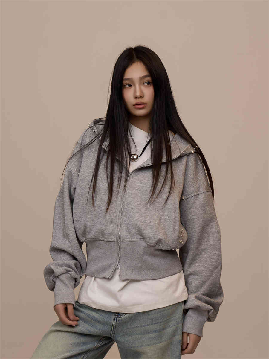 Gray Cardigan Coat Double Zipper Hooded Long Sleeve Top